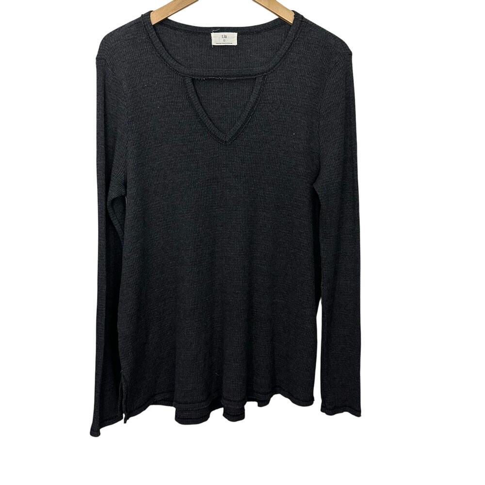 Anthropologie t.la Waffle Knit Thermal Top Womens Large Dark Gray Keyhole Tunic